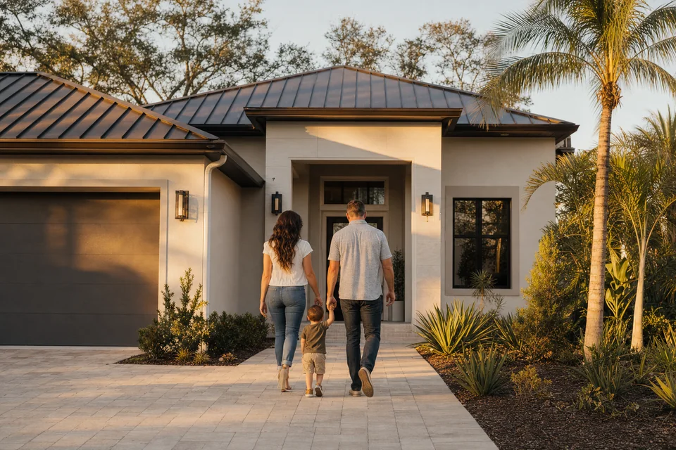 A family walking up the driveway of a newly built single-story Florida home at golden hour.
