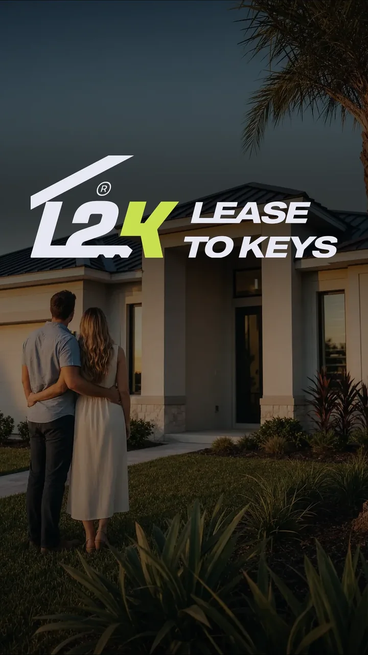 The L2K — Lease-to-Keys™ logo over a photograph of a couple standing in front of a Florida home at golden hour — the opening card of the explainer video.